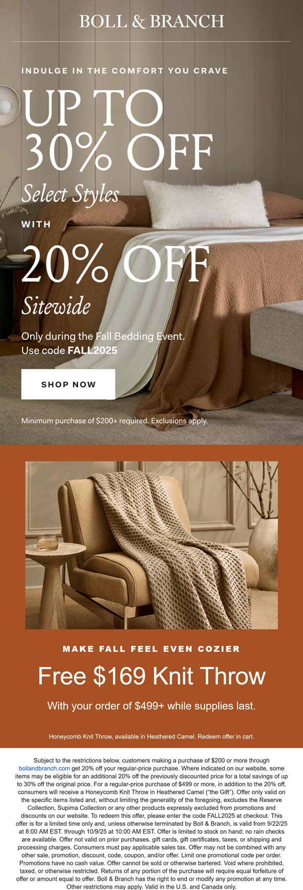 Boll & Branch coupon: 20% off everything & more at Boll & Branch via promo code FALL2025