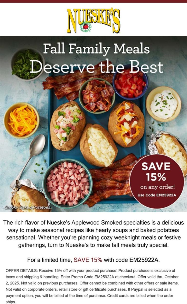 15% off online at Nueskes smoked meats via promo code EM25922A
