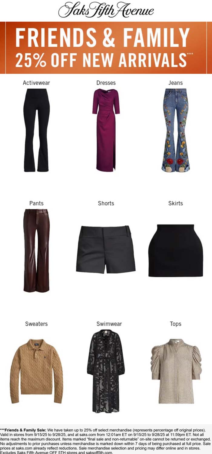 25% off new arrivals at Saks Fifth Avenue, ditto online