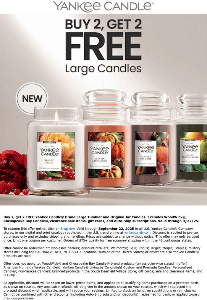 4-for-2 on large candles today at Yankee Candle