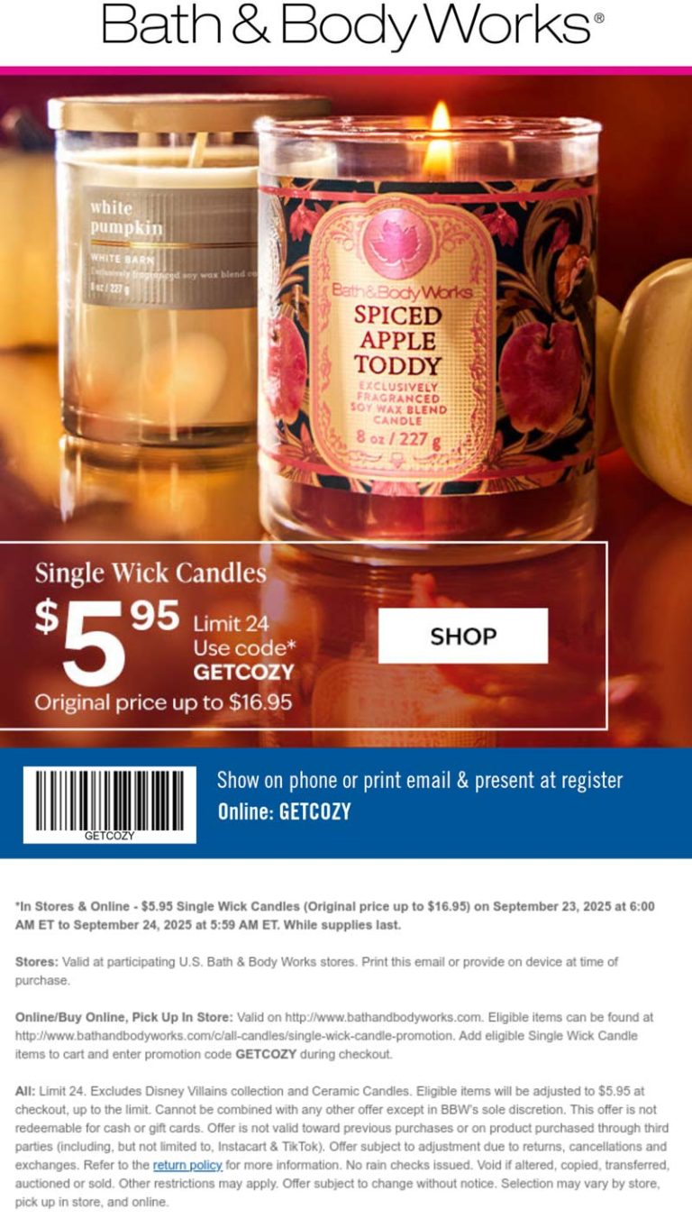 Bath & Body Works coupon: $6 candles today at Bath & Body Works, or online via promo code GETCOZY