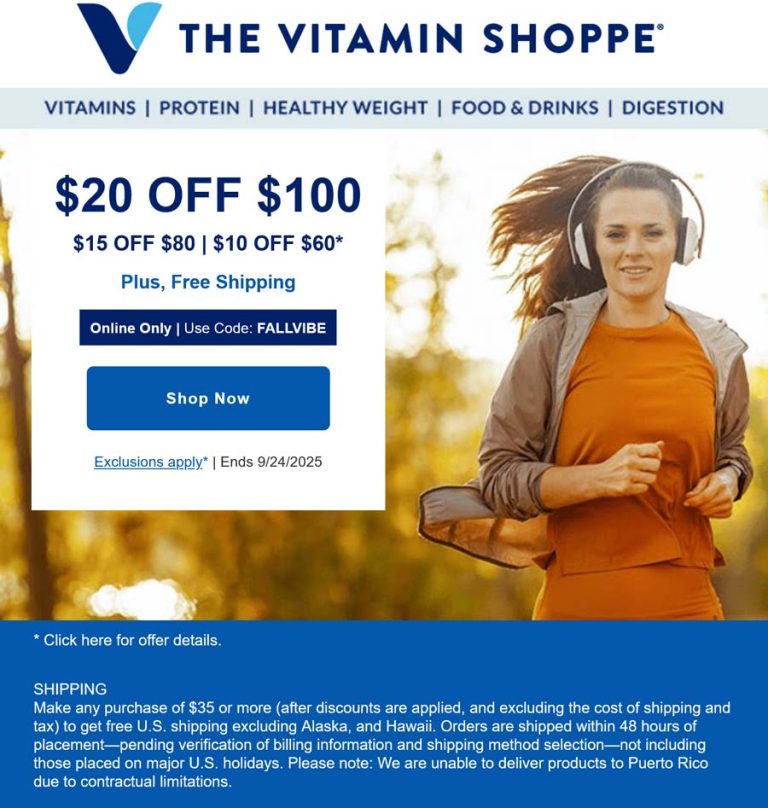 $10-$20 off $60+ at The Vitamin Shoppe via promo code FALLVIBE