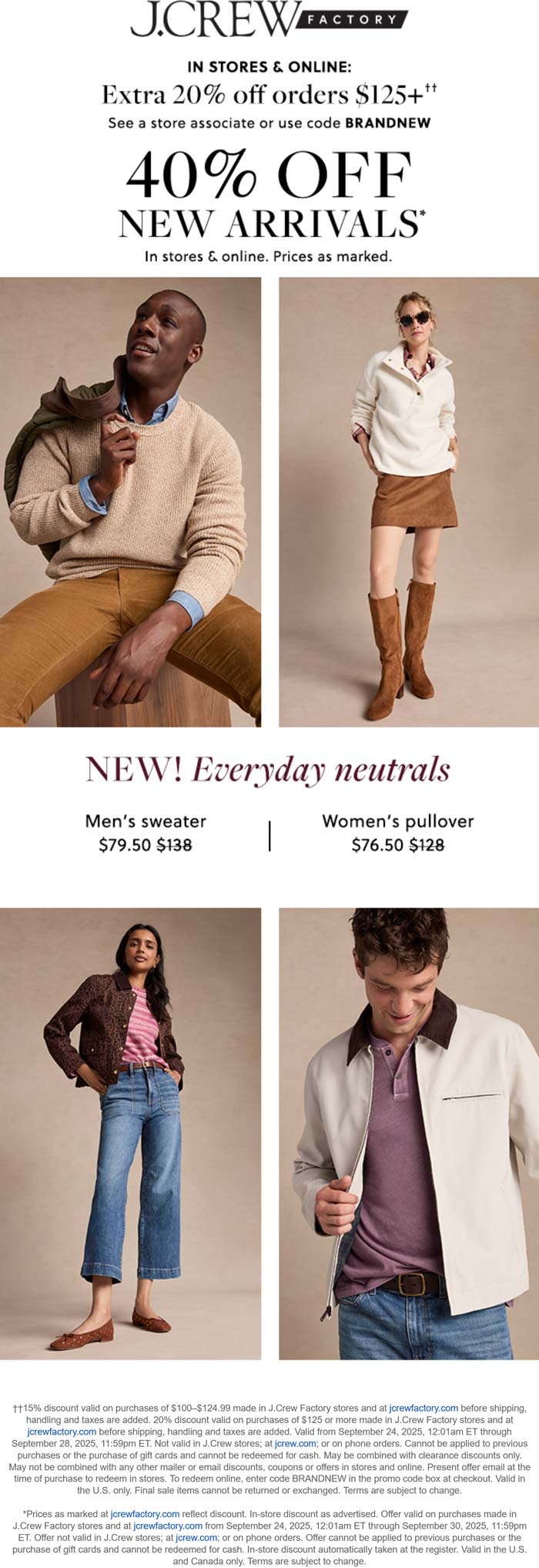 20% off $125 at J.Crew Factory, or online via promo code BRANDNEW
