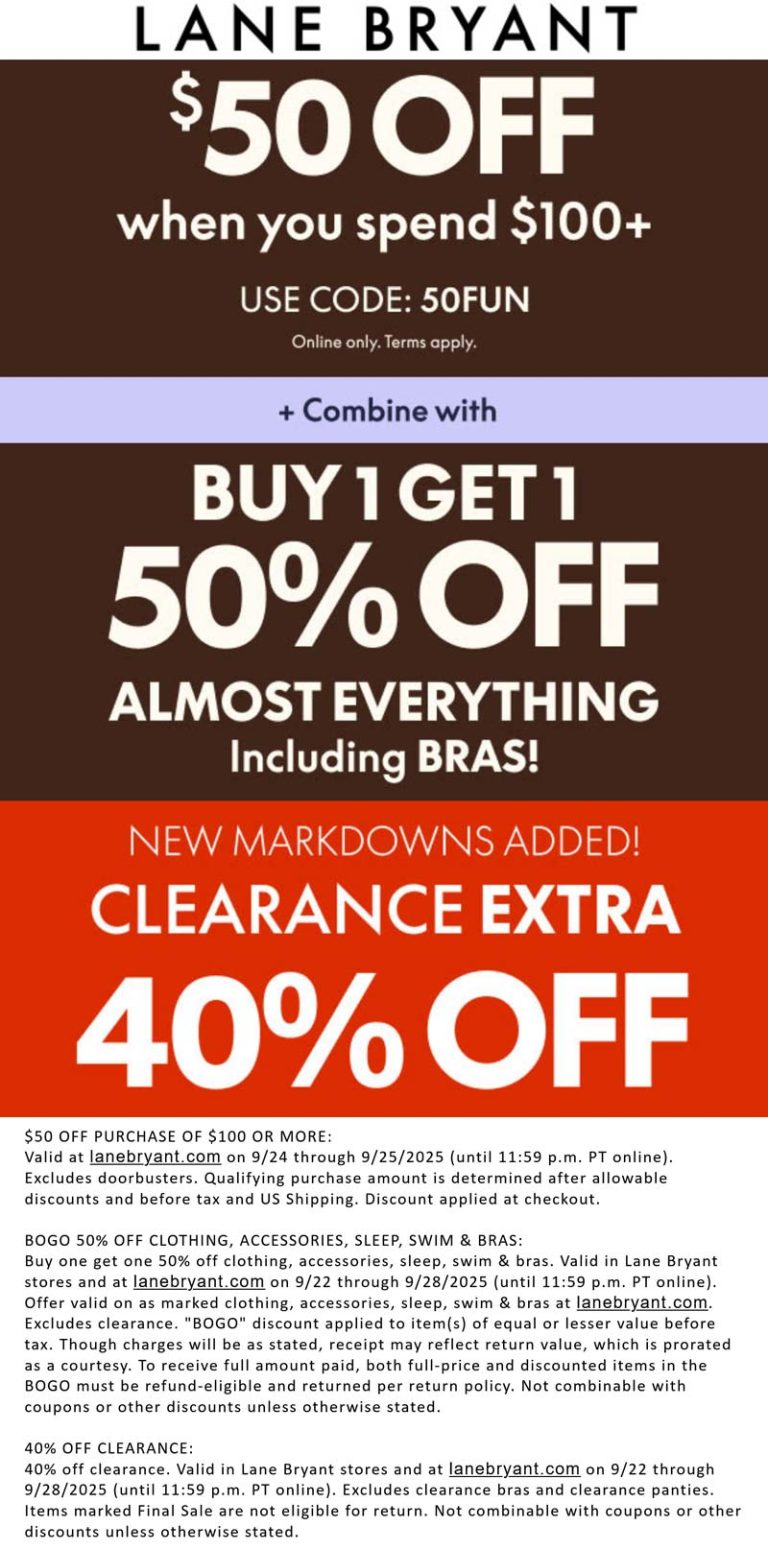 $50 off $100 & more online at Lane Bryant via promo code 50FUN