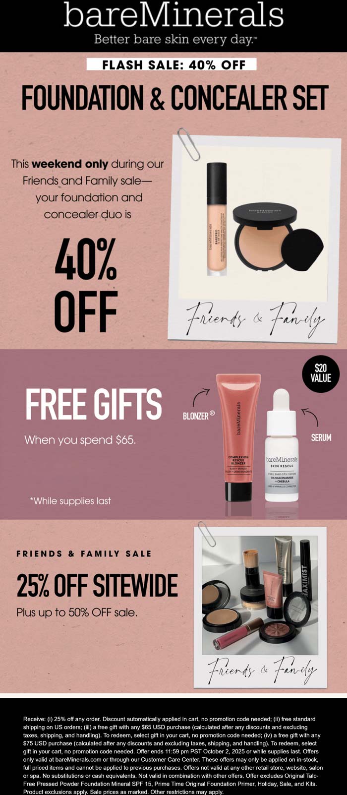 40% off foundation & sealer + free gifts on $75+ at bareMinerals