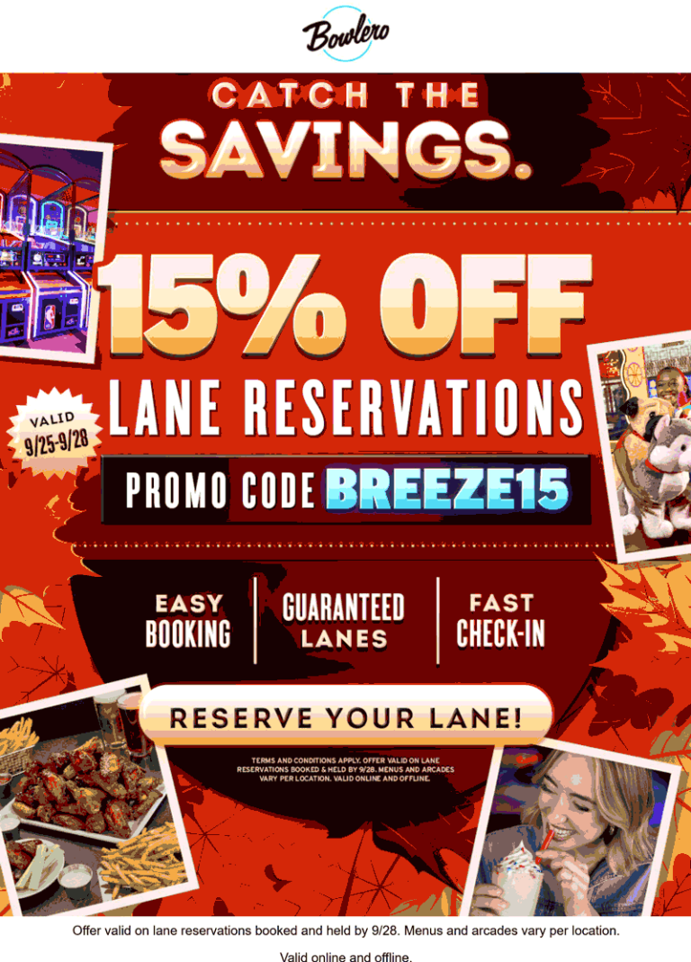 15% off bowling lane reservations at Bowlero via promo code BREEZE15