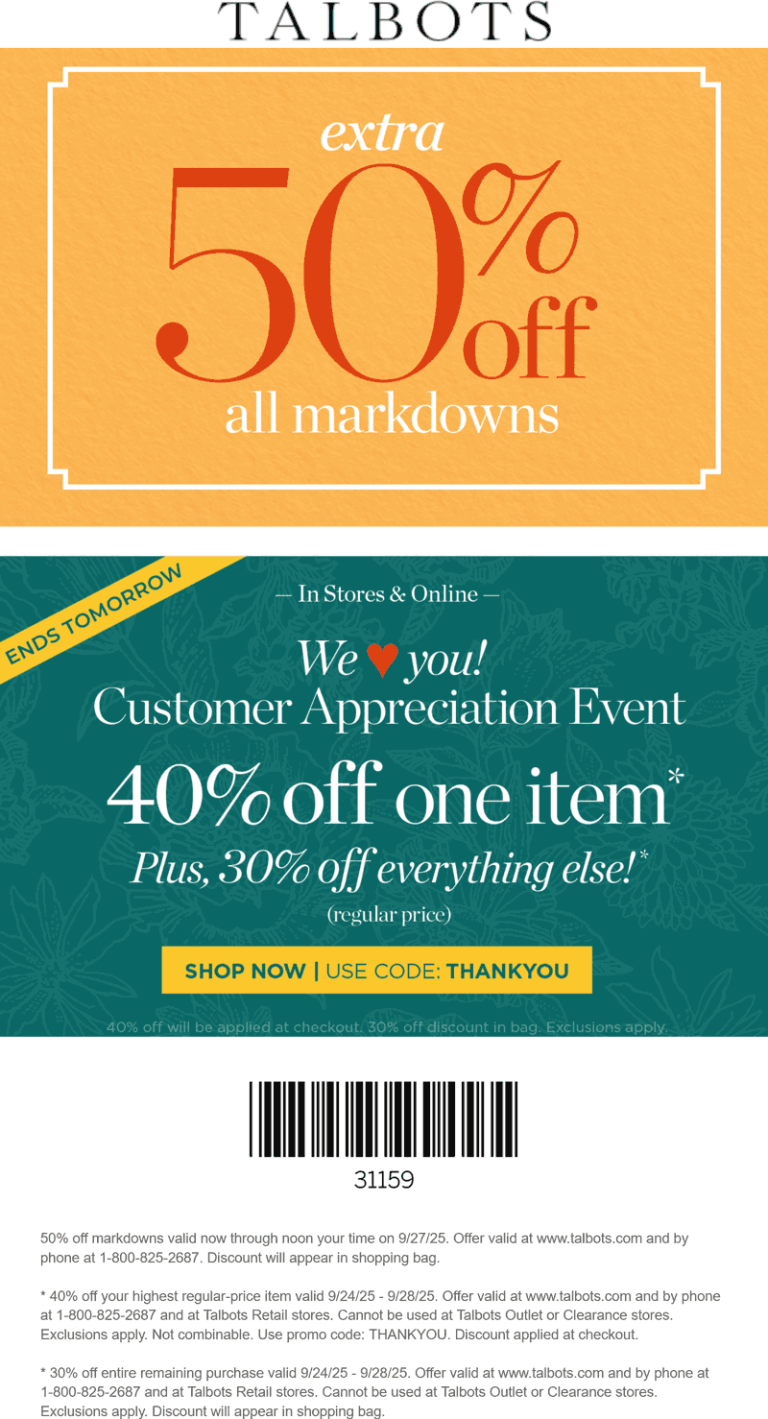 Extra 50% off sale items at Talbots, also 40% off a single item via promo code THANKYOU