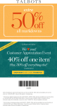 Extra 50% off sale items at Talbots, also 40% off a single item via promo code THANKYOU #talbots