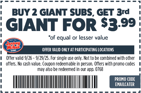 3rd giant sub sandwich = $4 at Jersey Mikes