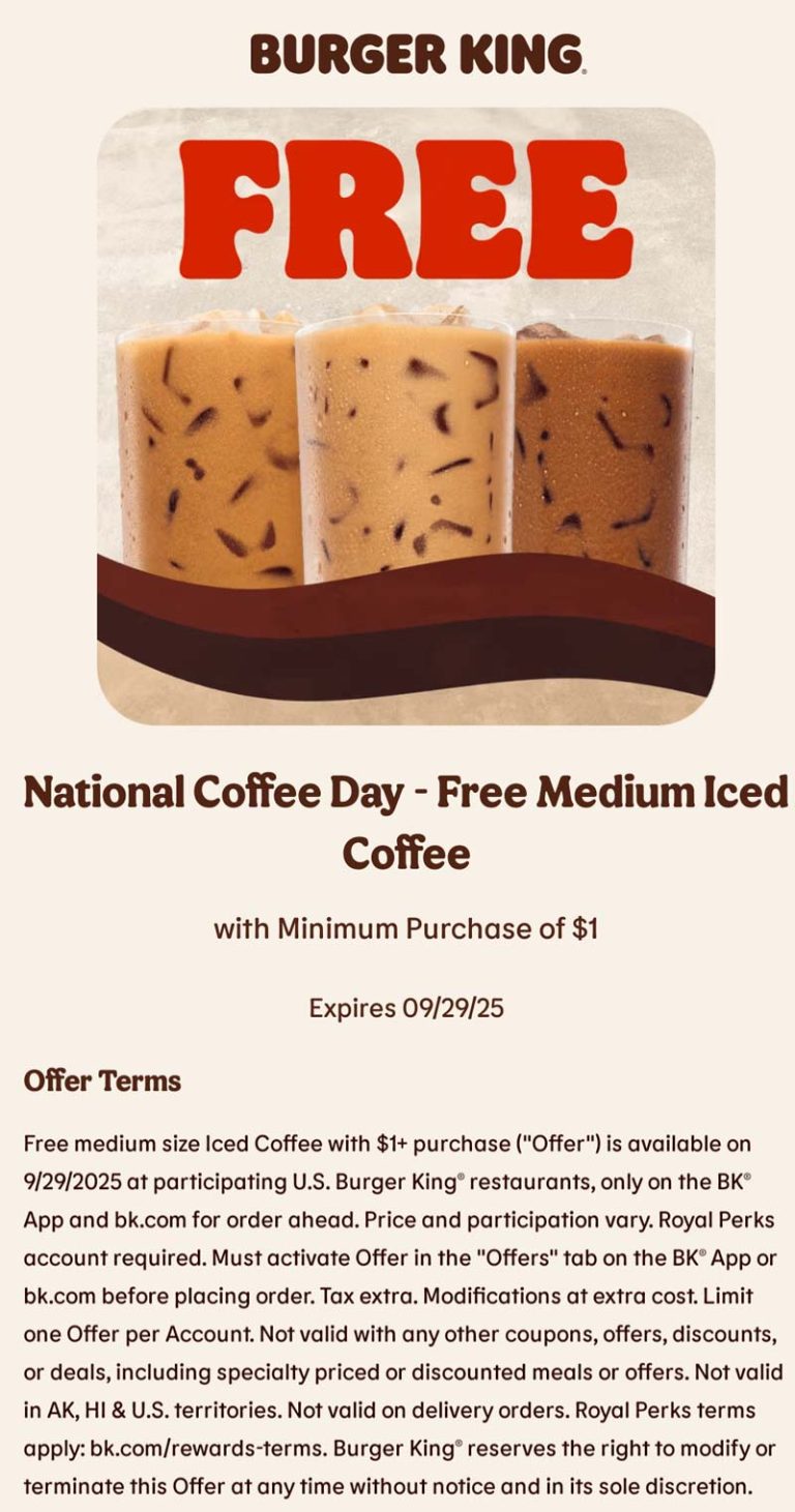 Free iced coffee on $1 today at Burger King