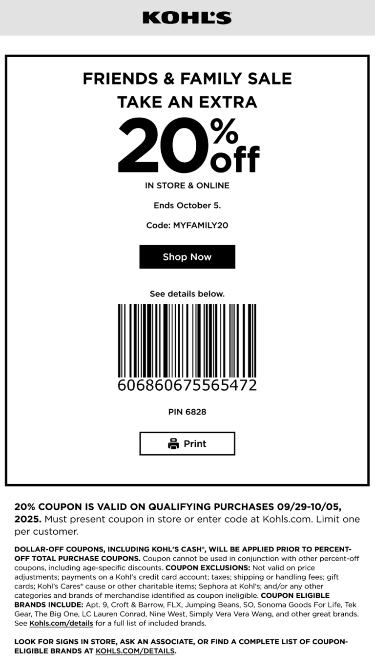 Extra 20% off at Kohls, or online via promo code MYFAMILY20