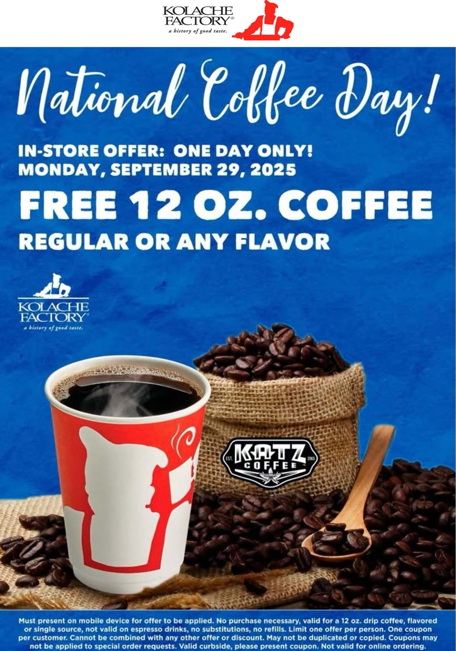 Free coffee today at Kolache Factory kolachefactory The Coupons App®