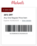 30% off a single item at Michaels, or online via promo code CRE8WITH30 #michaels
