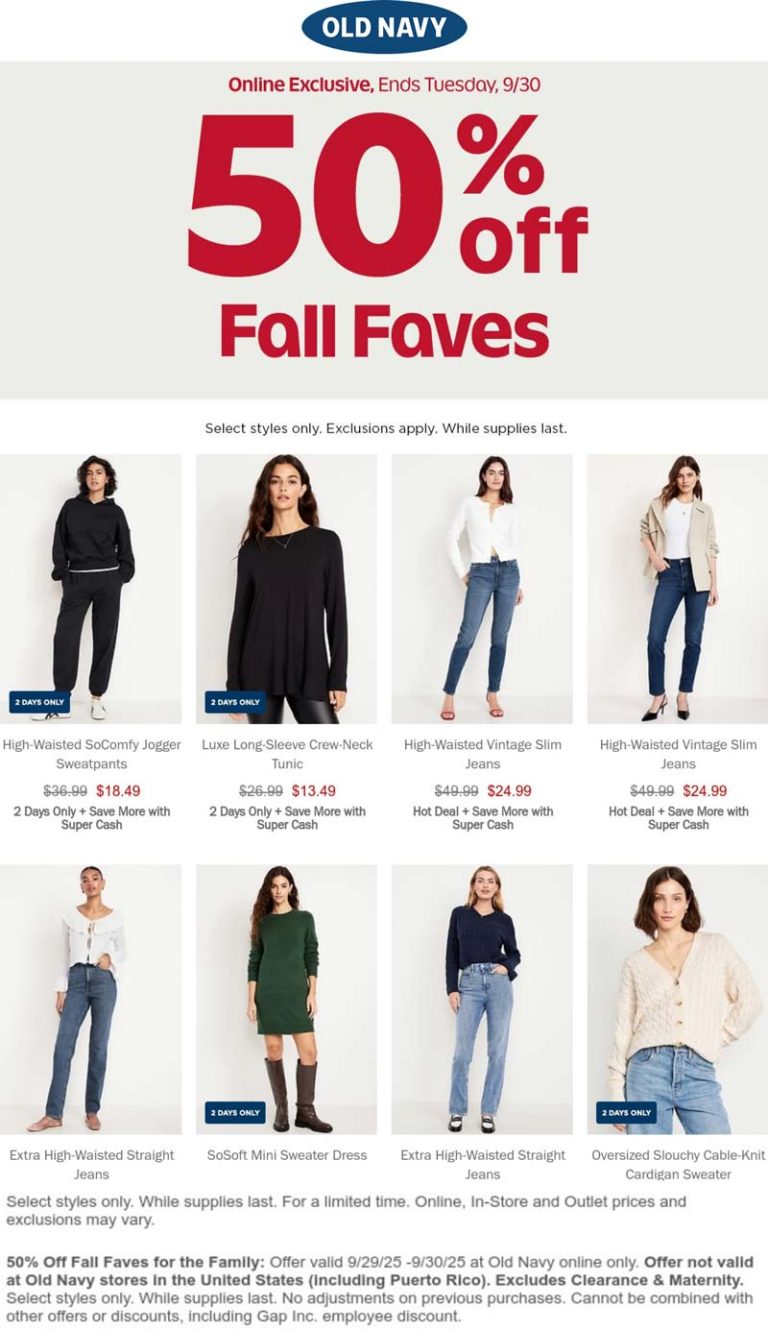 50% off fall faves online at Old Navy
