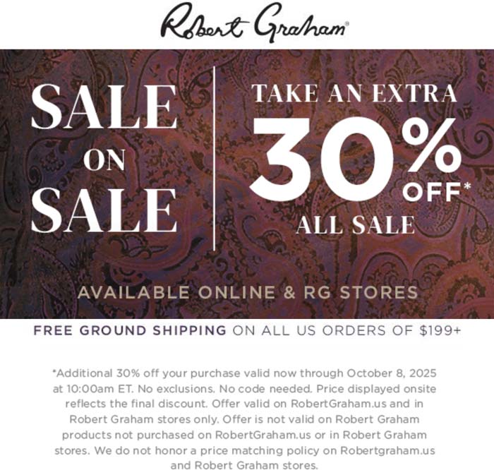 Extra 30% off sale items at Robert Graham, ditto online