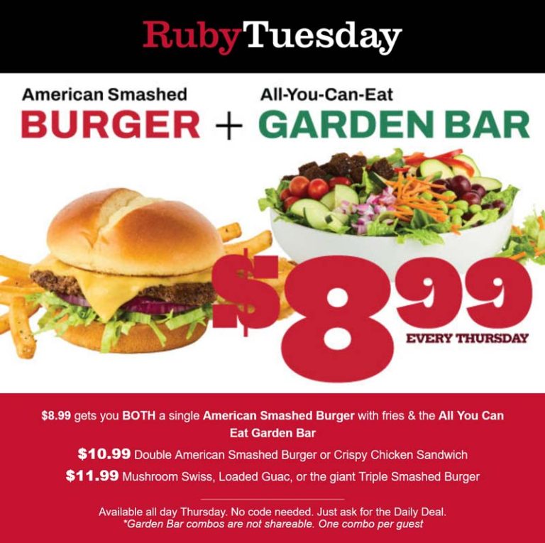 Cheeseburger + fries + bottomless salad bar = $9 today at Ruby Tuesday