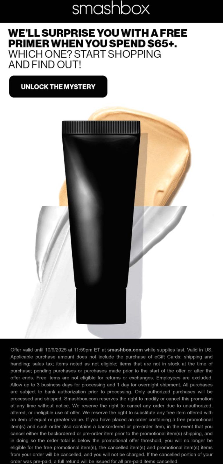 Free primer on $65 at Smashbox Cosmetics