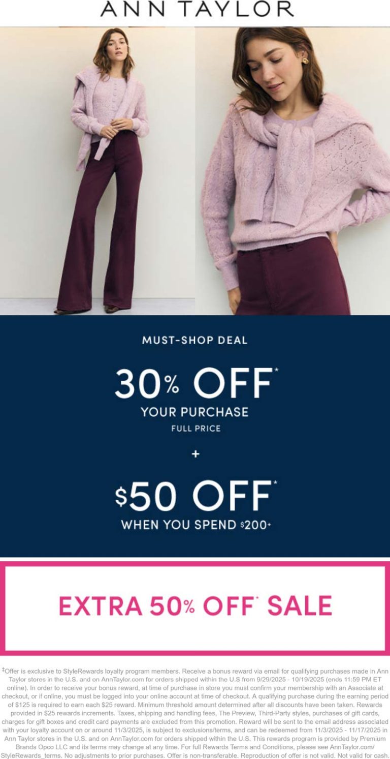30-50% off + extra $50 off $200+ at Ann Taylor