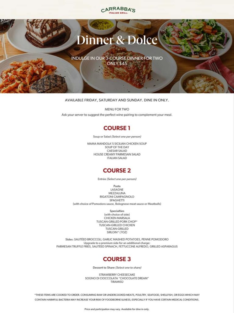 3-course dinner for 2 = $45 at Carrabbas Italian Grill