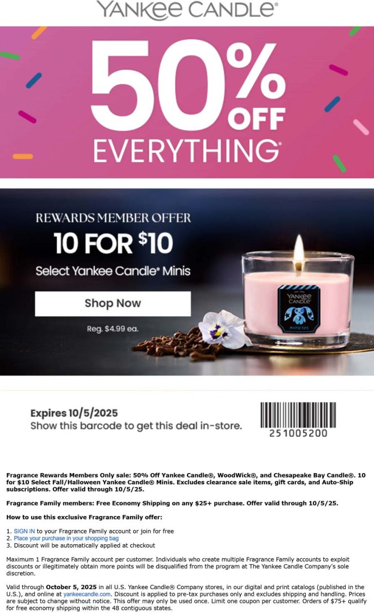 50% off everything at Yankee Candle, ditto online via login