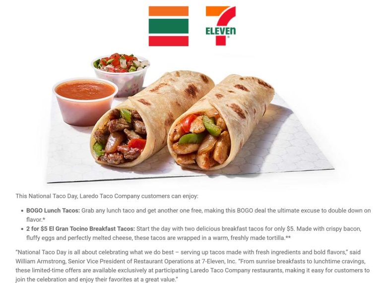 Second lunch taco free & 2 breakfast tacos = $5 today at 7-Eleven