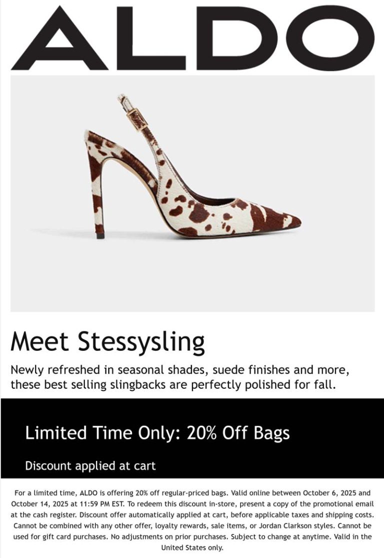 20% off bags at ALDO, ditto online