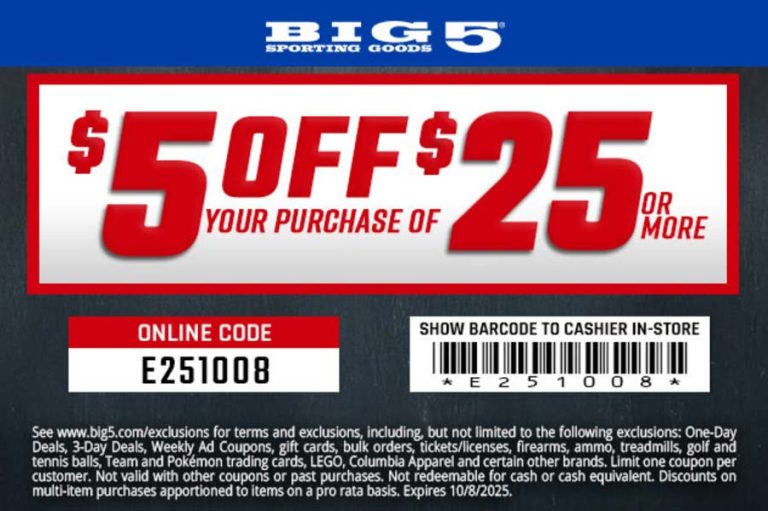 $5 off $25 today at Big 5 sporting goods, or online via promo code E251008