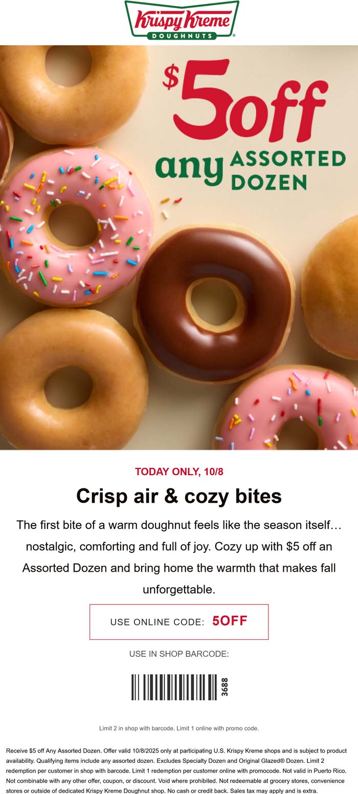 $5 off an assorted dozen doughnuts today at Krispy Kreme, or online via promo code 5OFF
