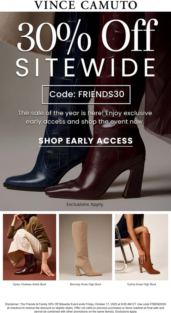30% off everything online at Vince Camuto via promo code FRIENDS30