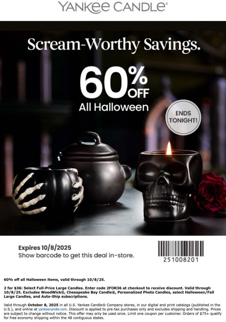 60% off all halloween today at Yankee Candle, or online via promo code 2FOR36