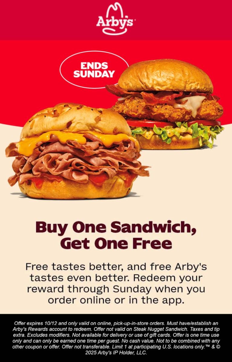 Second sandwich free this weekend at Arbys