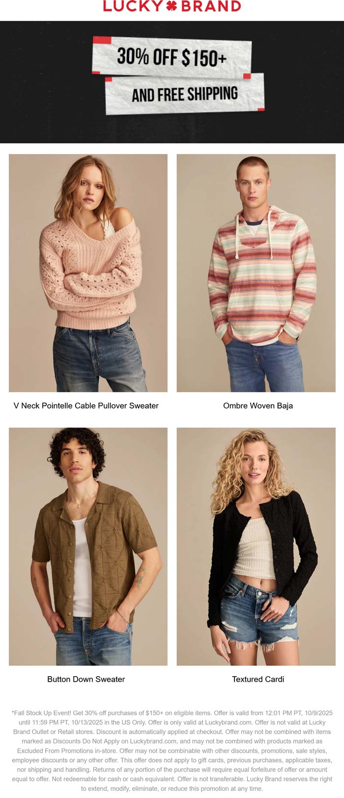 30% off $150 online at Lucky Brand