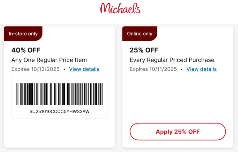 40% off a single item at Michaels, or 25% off everything online