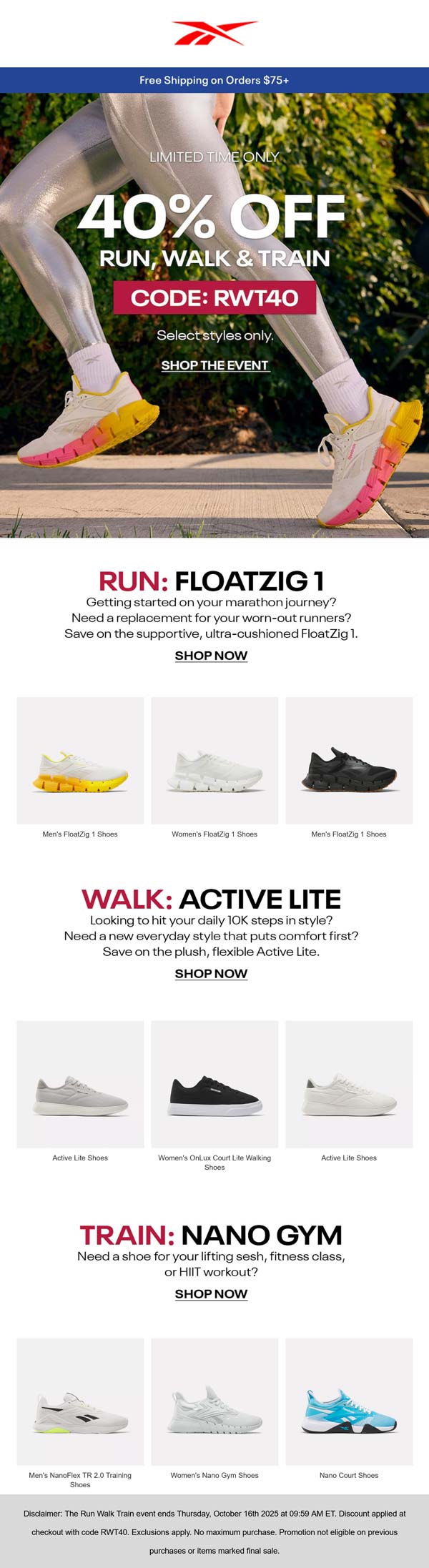 40% off training styles at Reebok via promo code RWT40