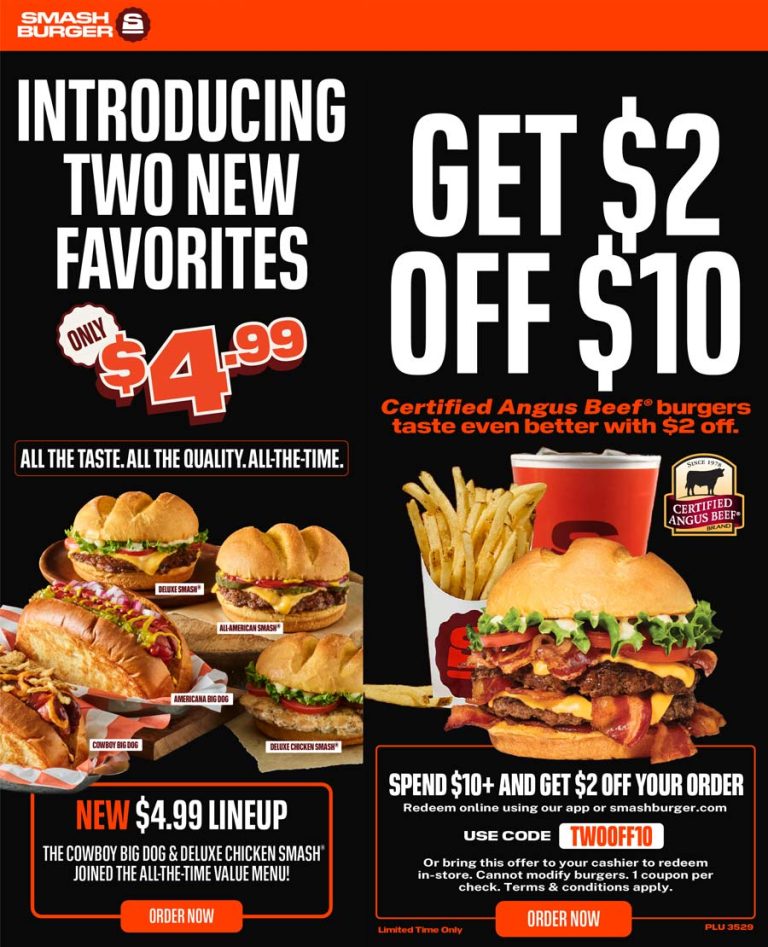 $2 off $10 & more at Smashburger&nbsp;restaurants, or online via promo code TWOOFF10
