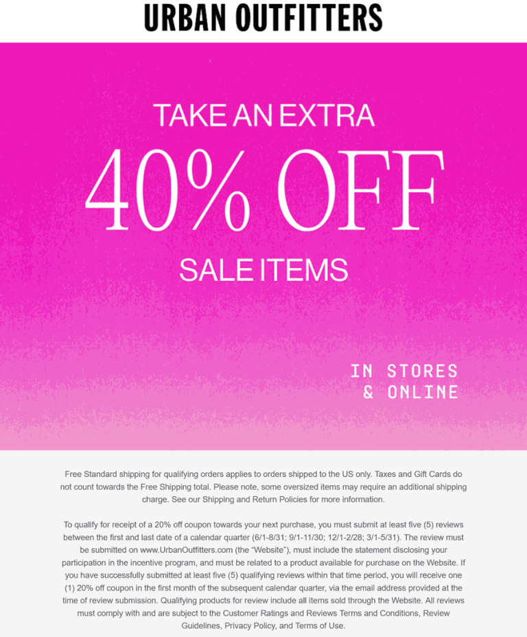 Extra 40% off sale items at Urban Outfitters