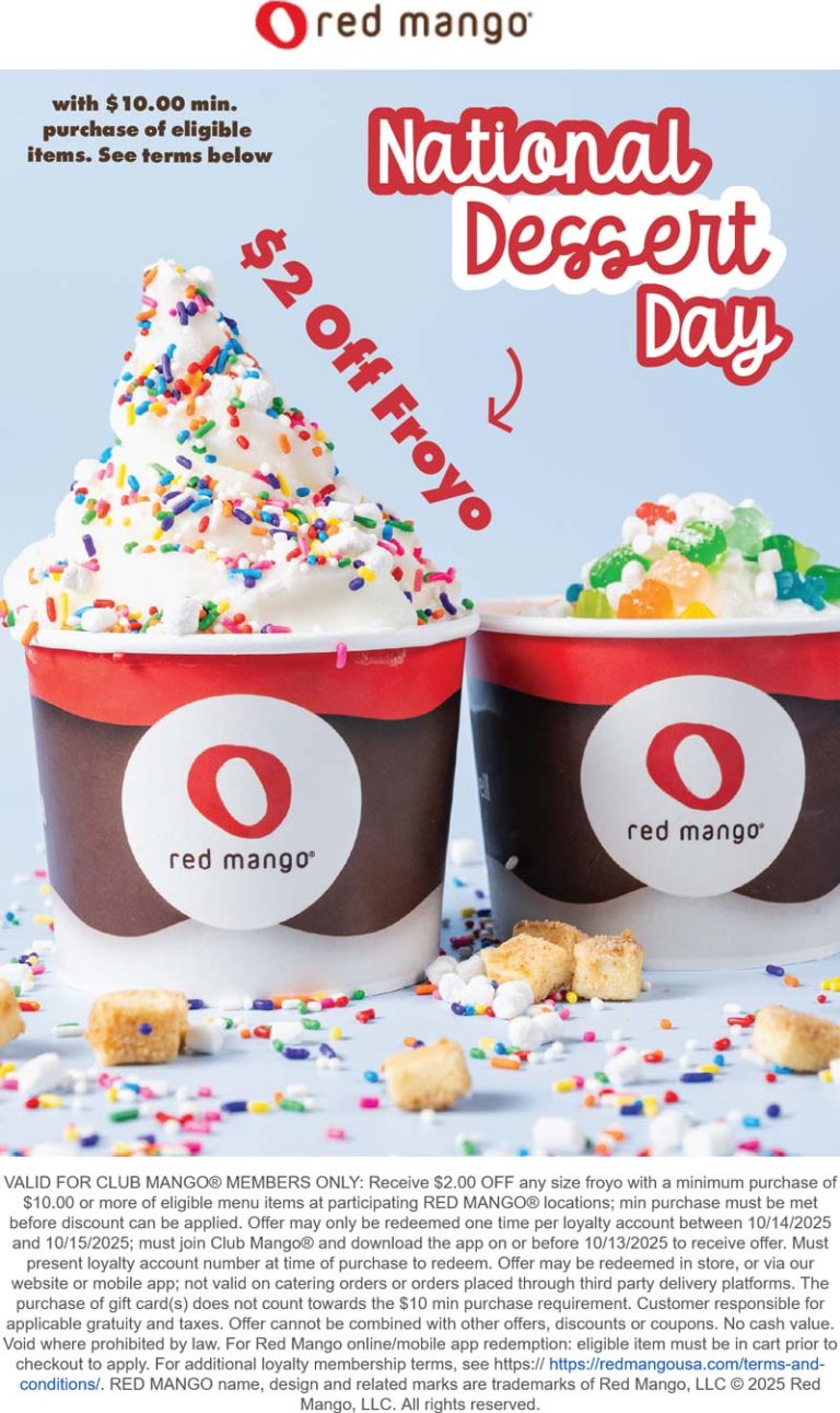 $2 off $10 frozen yogurt at Red Mango