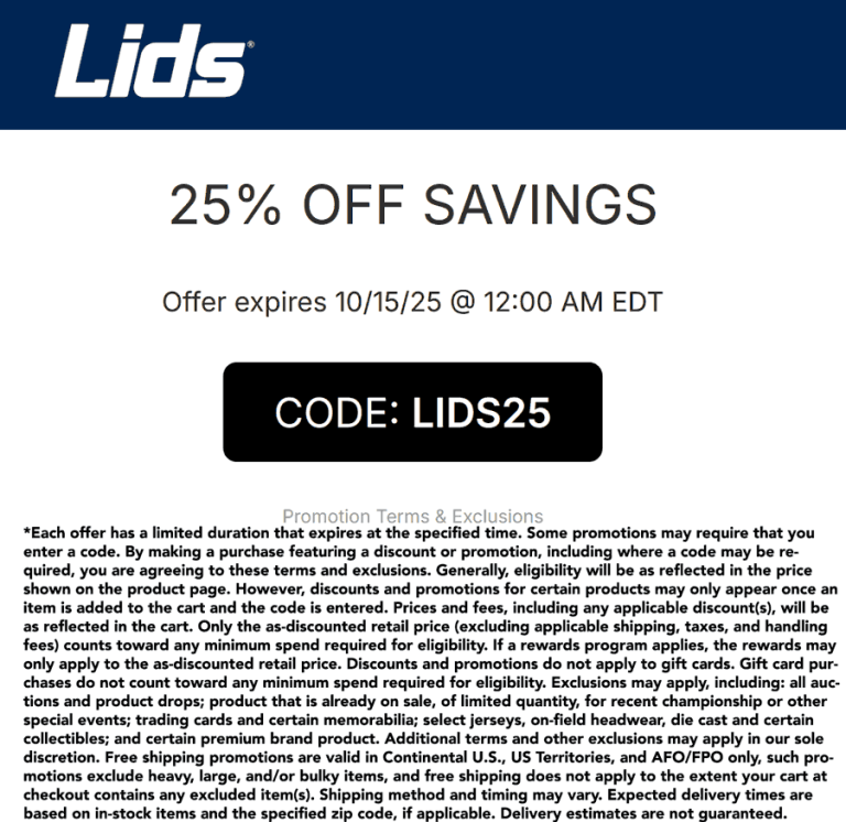 25% off at Lids via promo code LIDS25
