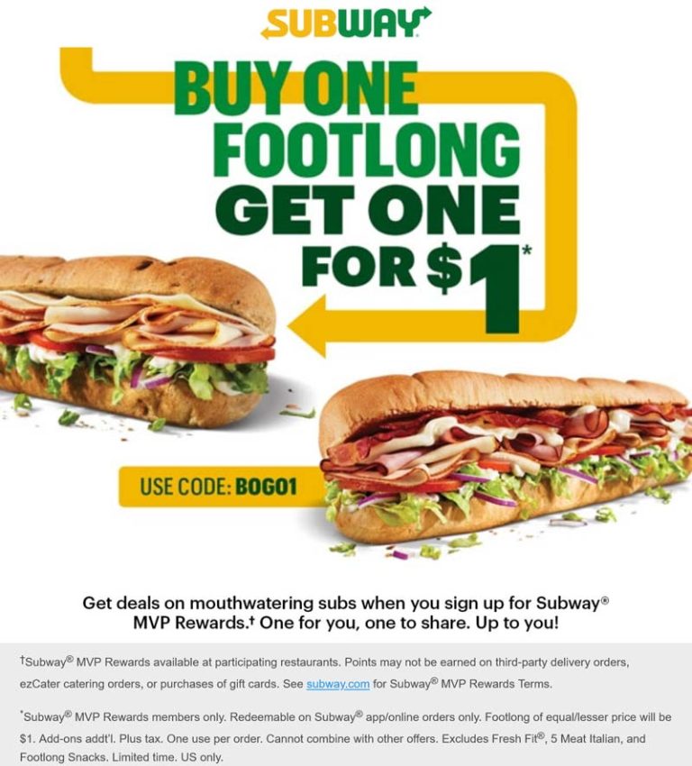Second footlong sandwich for $1 at Subway via promo code BOGO1