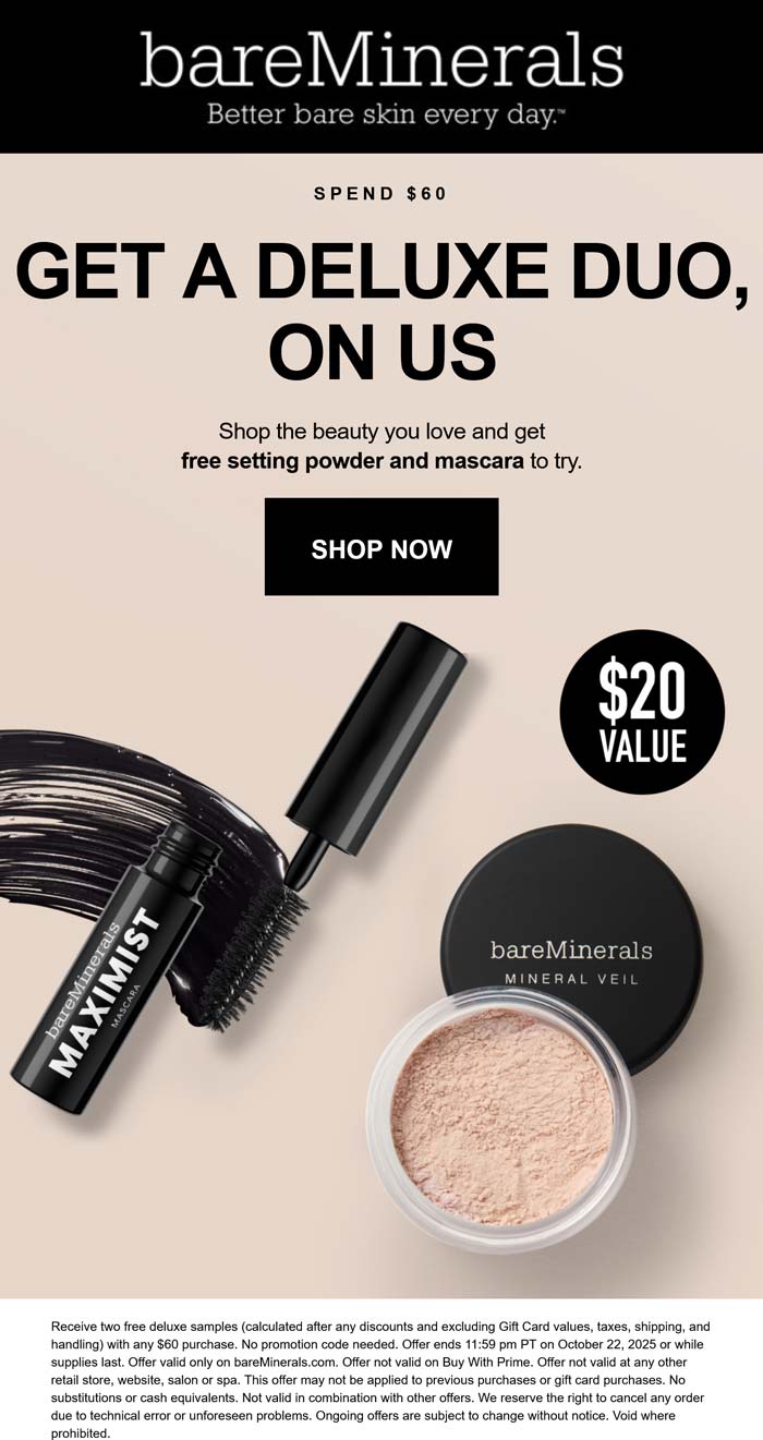 Free setting powder & mascara on $60 at bareMinerals
