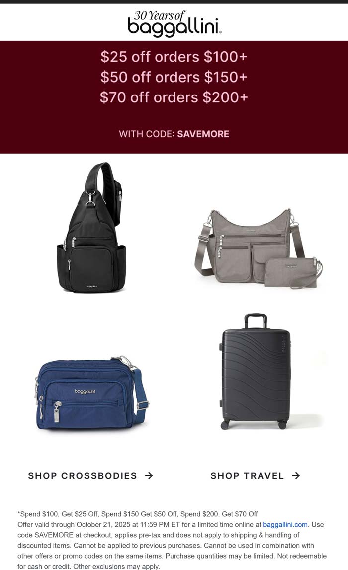 $25-$70 off $100+ at Baggallini via promo code SAVEMORE
