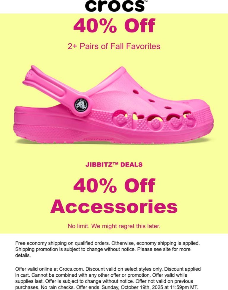 40% off 2+ pairs online at Crocs