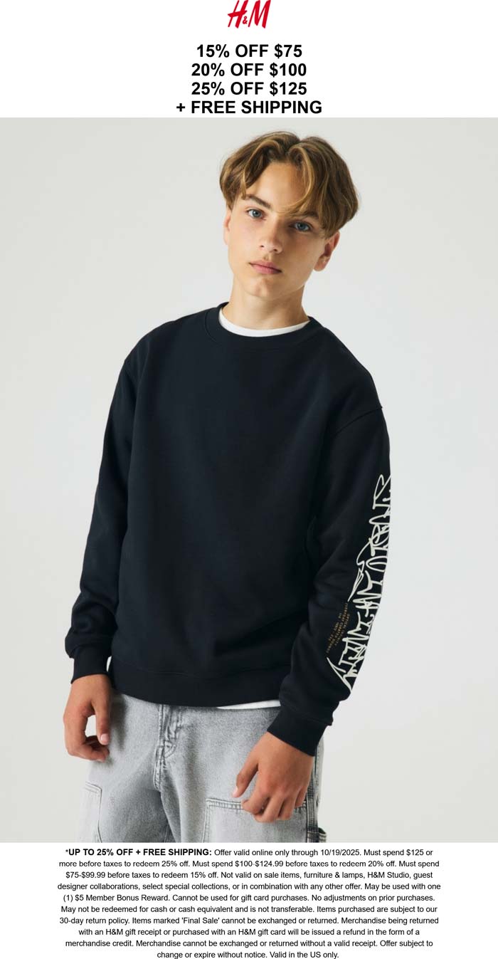 H&M coupon: 15-25% off $75+ at H&M