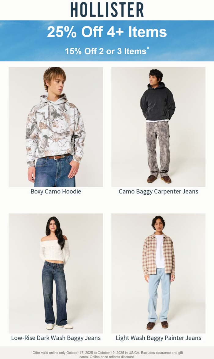 15-25% off 2+ items online at Hollister