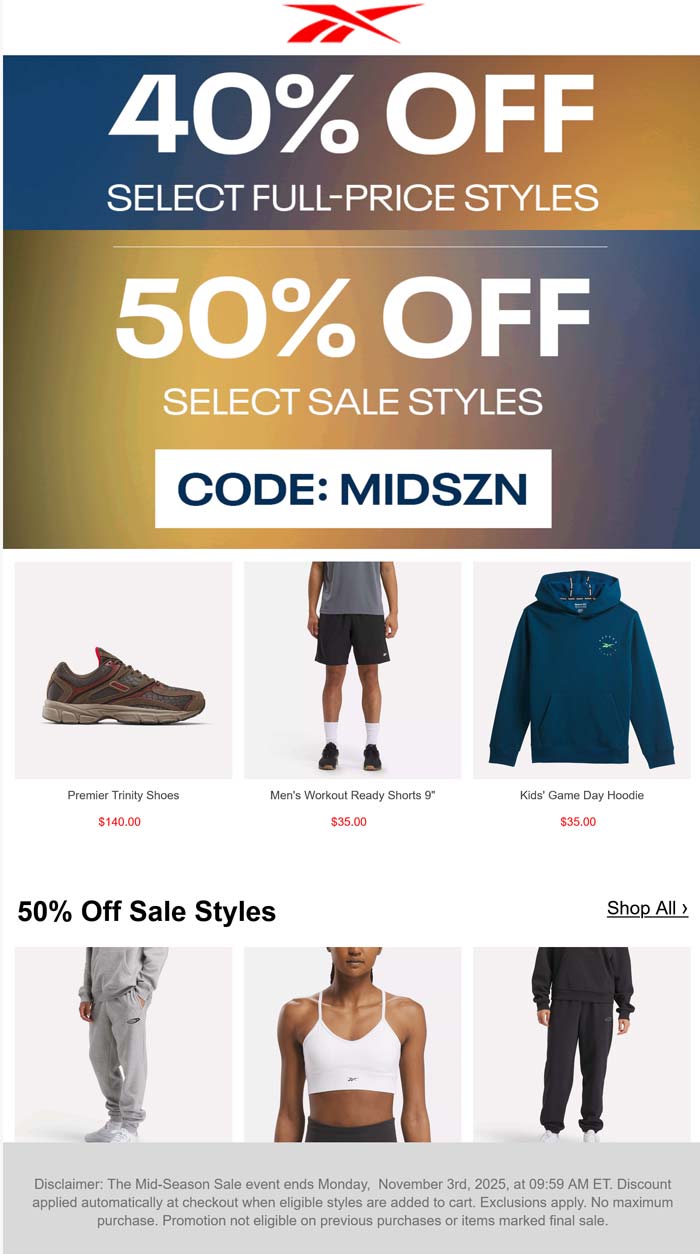 50% off sale styles at Reebok via promo code MIDSZN