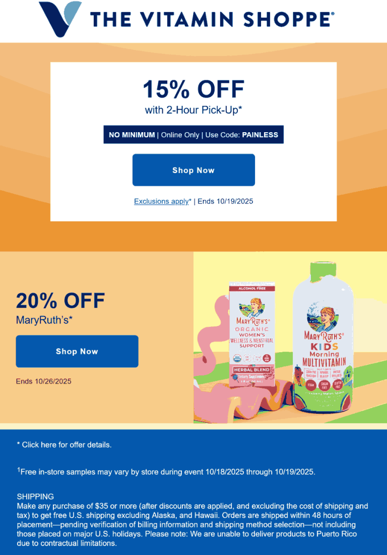15% off at The Vitamin Shoppe via promo code PAINLESS