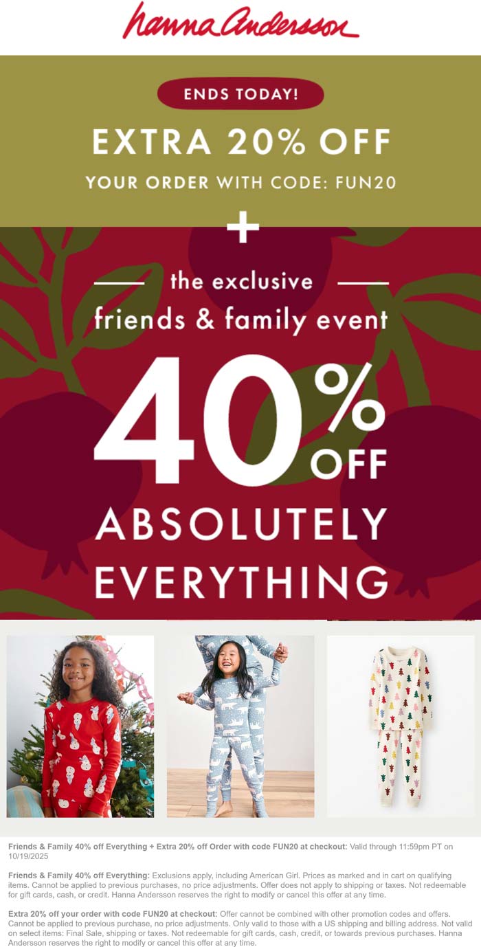 60% off today at Hanna Andersson via promo code FUN20