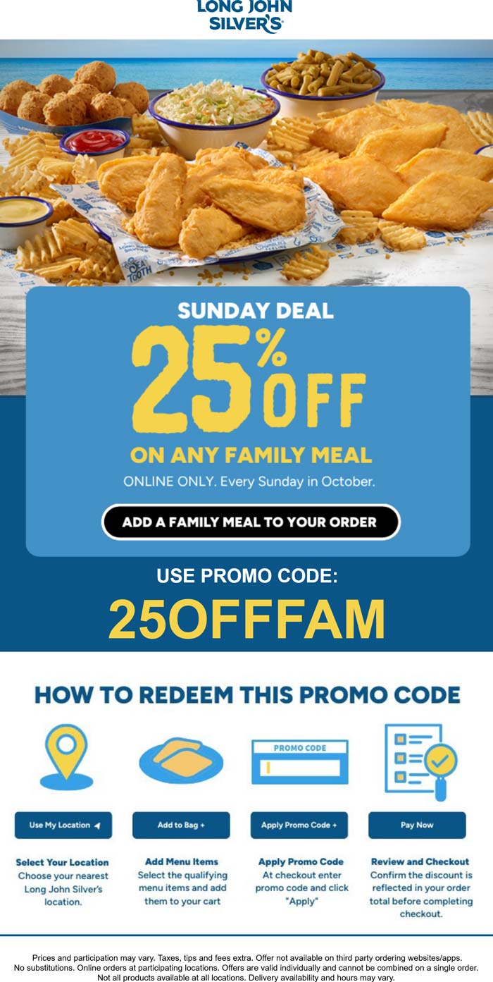 25% off a family meal today at Long John Silvers via promo code 25OFFFAM
