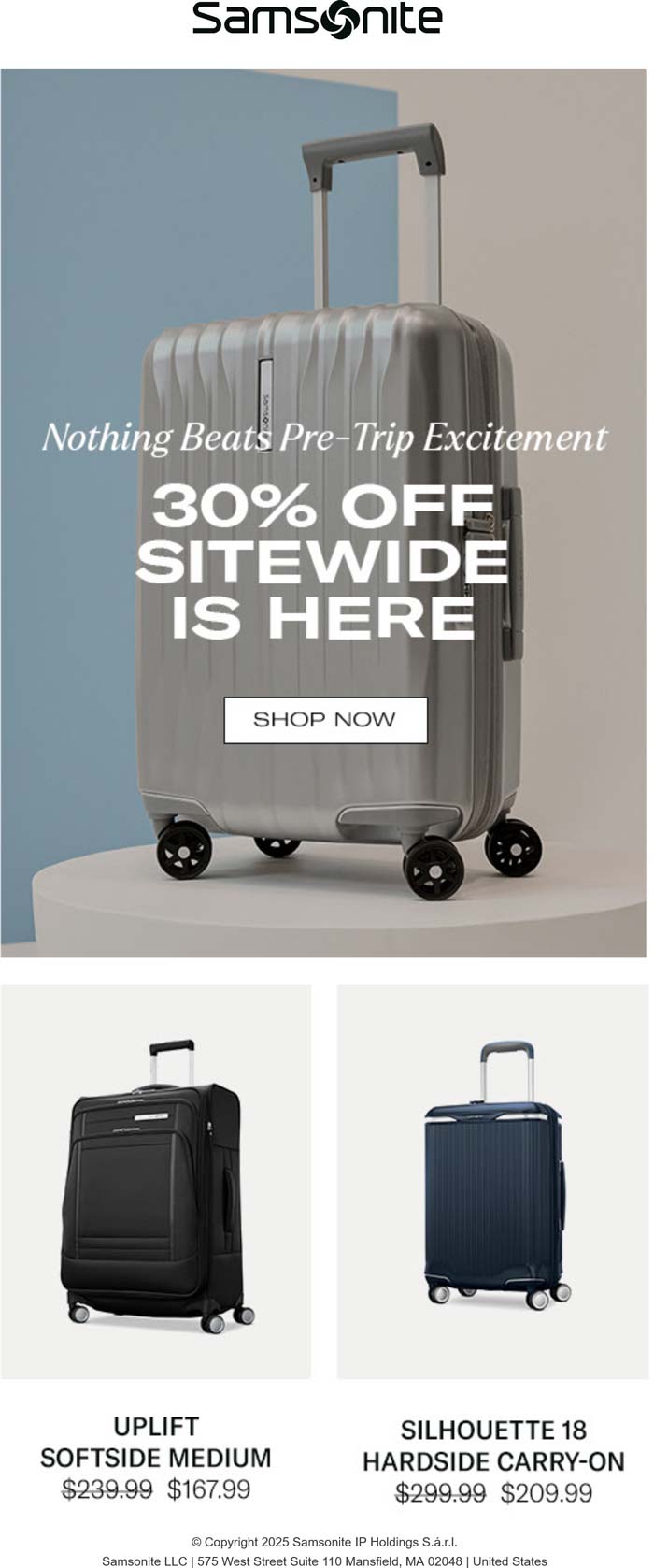 30% off everything online at Samsonite