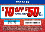 $10 off $50 at Big 5 sporting goods, or online via promo code E251021 #big5 $10 off $50 at Big 5 sporting goods, or online via promo code E251021 #big5